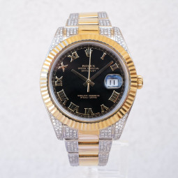 Швейцарський годинник Rolex Datejust II Iced Out Diamonds Oyster 18K Yellow Gold Steel Black Roman Dial